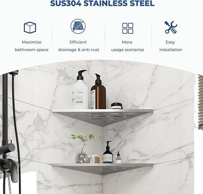 FerdY 2-Pack 10" Brushed Nickel Recessed Corner Shower Shelf, for Tiled Bathroom Walls, 304 Stainless Steel Floating Shelf, Shower Caddy Storage Shelves, No Drilling Required, Striped Triangle