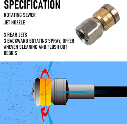 Hourleey Sewer Jetter Kit for Pressure Washer 200FT, Drain Cleaner Hose 1/4 Inch NPT, Orifice 4.0 Button Nose and Rotating Sewer Jetting Nozzle Spanner Tape Pearl Corsage Pin, 4000 PSI