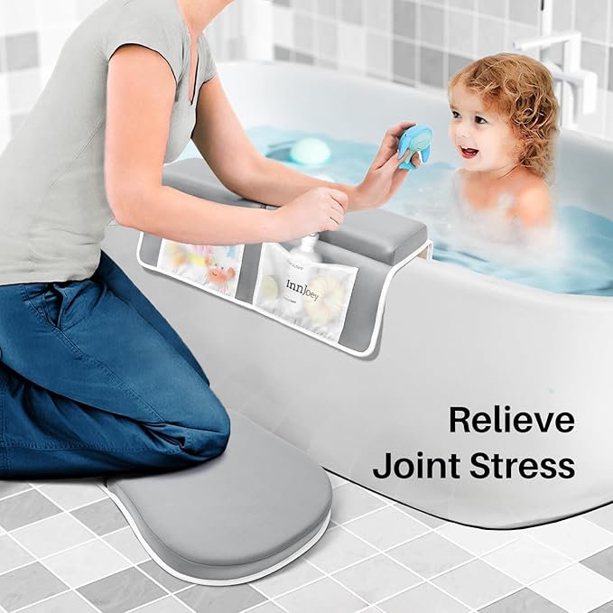 Bath Kneeler and Elbow Rest Pad Set, 1.6'' Extra Thick Bath Support for Knees and Elbows, Memory Foam Bath Mat with Toy Organizer Pockets, Quick-Dry Kneeling Pad for Bathing Baby Grey