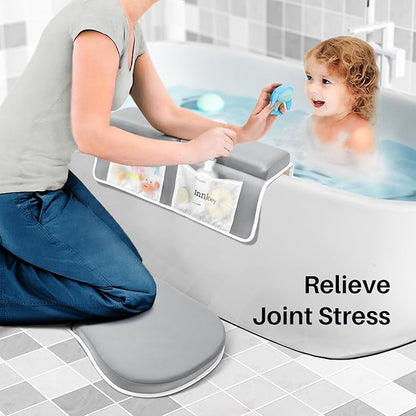 Bath Kneeler and Elbow Rest Pad Set, 1.6'' Extra Thick Bath Support for Knees and Elbows, Memory Foam Bath Mat with Toy Organizer Pockets, Quick-Dry Kneeling Pad for Bathing Baby Grey