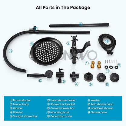 gotonovo Bathroom Classic Exposed Shower Faucet Wall Mount Shower System 8 Inch Luxurious Rainfall Shower Head Set with Tub Spout and Handheld Spray Double Cross Handles Oil Rubbed Bronze