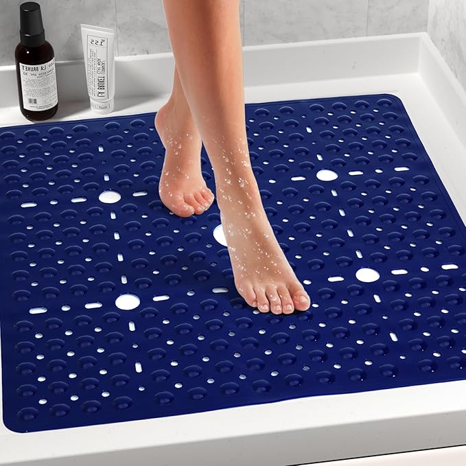 Large Navy Blue Square Shower Mat Non Slip 27 x 27 Inch, Soft Bath Mat Tub Mat for Inside Shower Floor, Bathroom Shower Stall Mats with Big Suction Cups Drain Holes, Easy Washable, BPA-Free