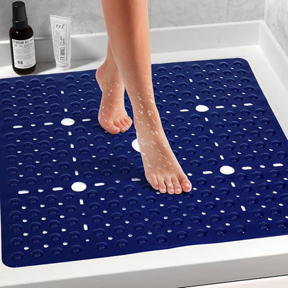 Large Navy Blue Square Shower Mat Non Slip 27 x 27 Inch, Soft Bath Mat Tub Mat for Inside Shower Floor, Bathroom Shower Stall Mats with Big Suction Cups Drain Holes, Easy Washable, BPA-Free
