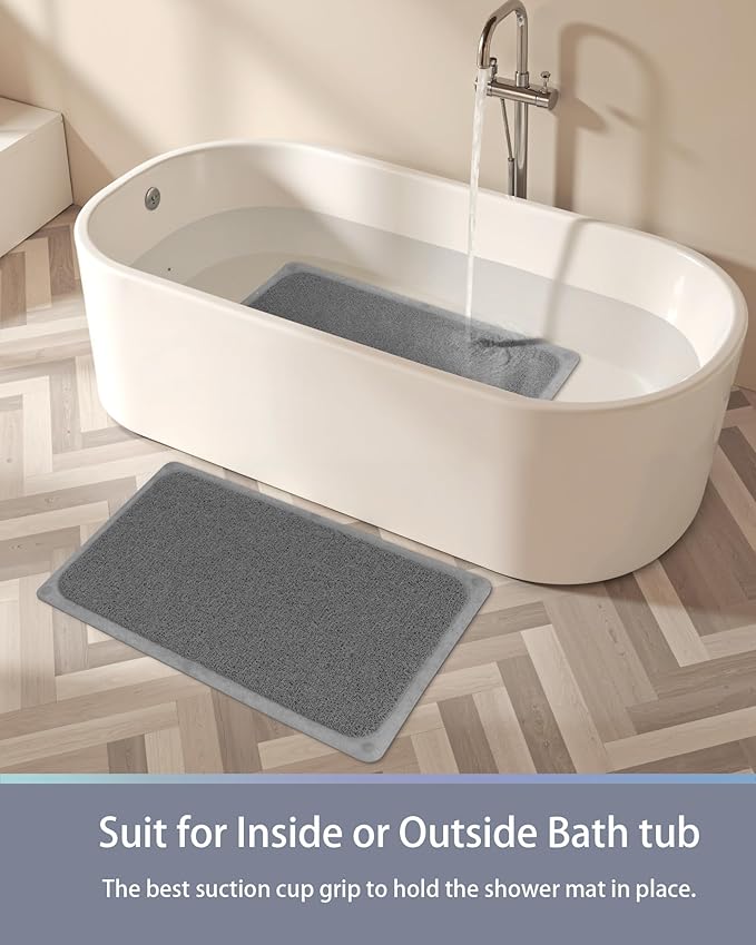 Mecko Non-Slip Shower Mat, Anti-Slip Bath Mat with Suction Cups – Quick-Drying Loofah Texture for Tub with for Indoor and Outdoor Use, Bathtubs and Wet Areas (Grey, 16"x40")