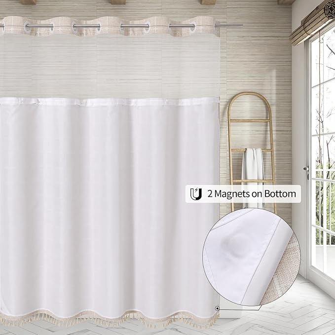 MitoVilla No Hooks Required Farmhouse Shower Curtain with Snap-in Liner - with Window & Magnets, Boho Cotton Linen Fabric Shower Curtains with Tassels for Rustic Bathroom Decor, Beige/Cream, 72 x 74