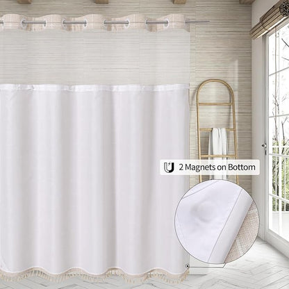 MitoVilla No Hooks Required Farmhouse Shower Curtain with Snap-in Liner - with Window & Magnets, Boho Cotton Linen Fabric Shower Curtains with Tassels for Rustic Bathroom Decor, Beige/Cream, 72 x 74