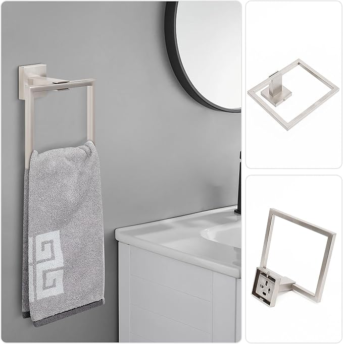 NearMoon 5 Pieces Bathroom Hardware Set 304 Stainless Steel, Square Towel Rack Kit - 24" Towel Rod + Towel Ring + Toilet Paper Holder + 2 Robe Hooks, Wall Mounted Bath Accessories (Brushed Nickel)