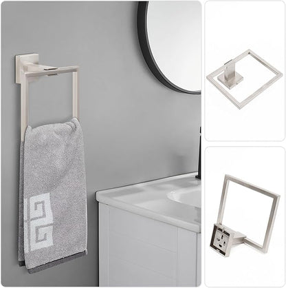 NearMoon 5 Pieces Bathroom Hardware Set 304 Stainless Steel, Square Towel Rack Kit - 24" Towel Rod + Towel Ring + Toilet Paper Holder + 2 Robe Hooks, Wall Mounted Bath Accessories (Brushed Nickel)