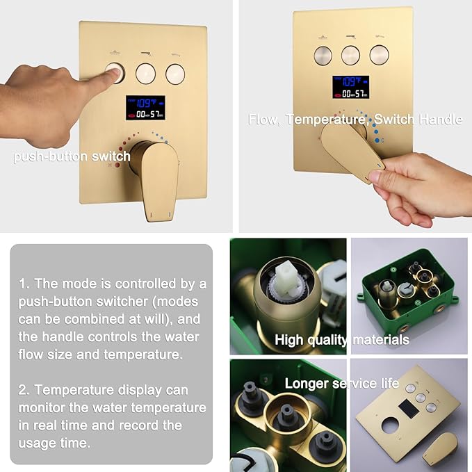 Shower Faucet Set Brushed Gold Shower System with 12 inch and 8 inch Wall Mounted Shower Head, Digital Temperature Display Push Button Shower Fixtures with Handheld Shower