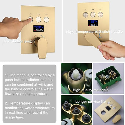 Shower Faucet Set Brushed Gold Shower System with 12 inch and 8 inch Wall Mounted Shower Head, Digital Temperature Display Push Button Shower Fixtures with Handheld Shower