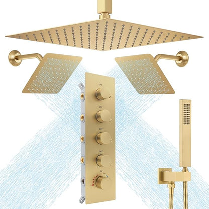 Thermostatic Shower System Three Shower Heads with 16" Ceiling Mounted Rain Shower Head & 2 x 6" Wall Mounted Head 4 Function Shower System Can All Run Together, Brushed Gold