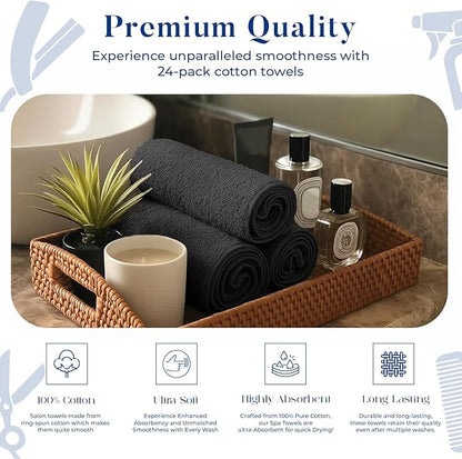 DAN RIVER 100% Cotton Salon Towels Set – 16x26 inches, Pack of 24, Highly Absorbent and Quick-Dry Towels for Hand, Salon, Spa, Beauty, Gyms and Home Hair Care, Black
