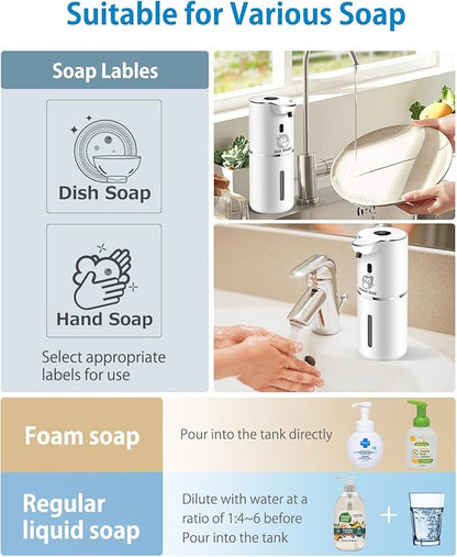 Automatic Foaming Soap Dispenser 12.8oz, Rechargeable & 6 Levels Foaming Adjustable with Digital Display, Wall Mount, Waterproof, Touchless Hand/Dish Soap Dispenser for Kitchen, Bathroom, Hotel