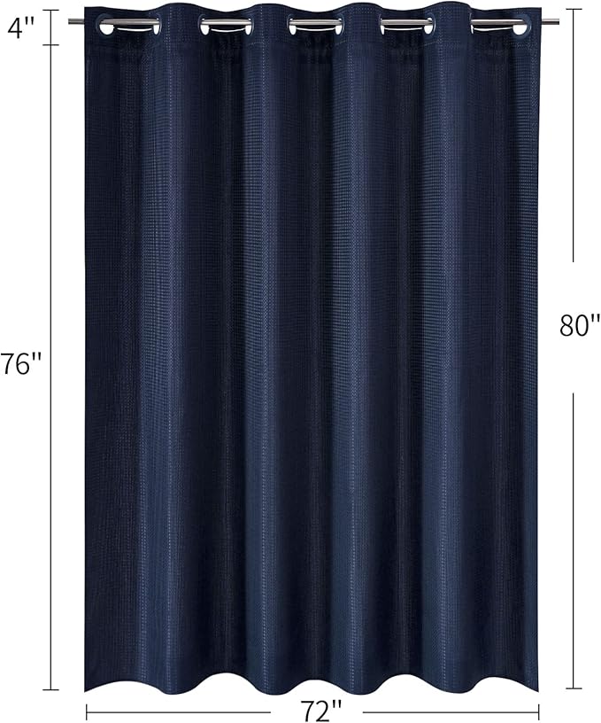 MitoVilla Navy Blue Waffle Long Shower Curtain Liner Set 72 x 80, No Hooks Required 80 inch Long Fabric Cloth Shower Curtain Set with Cloth Snap-in Liner for Modern Hotel Bathroom Decor