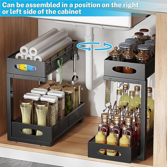 Under Sink Organizer, 2-Tier Pull Out Cabinet Organizer with Adjustable Height, Use in Kitchen Bathroom Cabinet and Countertop Storage, Black