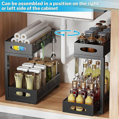 Under Sink Organizer, 2-Tier Pull Out Cabinet Organizer with Adjustable Height, Use in Kitchen Bathroom Cabinet and Countertop Storage, Black