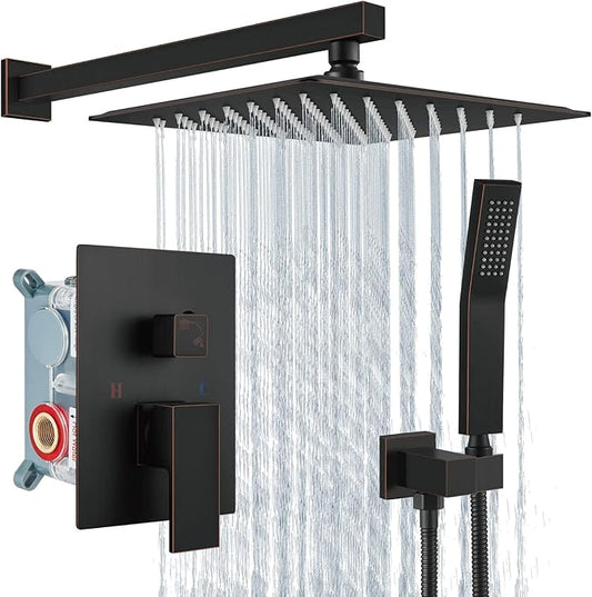 Aolemi Shower Faucet Set Rain Shower System with Handheld Spray Bathroom Shower Combo Rough-in Valve and Shower Trim Kit Included Oil Rubbed Bronze 12 Inch Wall Mount Shower Head