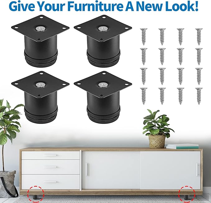 2.5 Inch Metal Furniture Legs Stainless Steel Adjustable Legs Black Metal Legs Round Cabinet Legs for Coffee Table Cabinet Desk Sofa Shelves, Pack of 4
