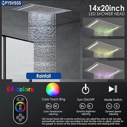 Thermostatic Shower System with 14x20 Inch Ceiling Mount LED Head & 6 Inch Wall Head and Handheld Shower 4 Function Vale with body jets Can All Run Together,Brushed Nickel