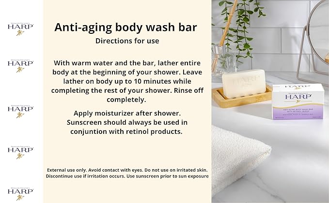 HARP Anti-Aging Body Wash Bar With Retinol + Niacinamide, Vitamin E, Hyaluronic Acid. 100% Syndet Base. Soap/Lye-Free and FRAGRANCE FREE (3-Pack, Anti-Aging Serum)
