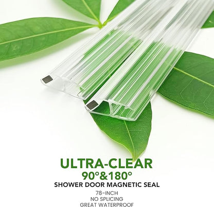 Bathroom Shower Glass Door Side Seal Strips, Length 78 Inch 2PCS Transparent PVC Door Side Seall Strips with Magnetic Stripe for 1/4" (6MM) Thick Framless Glass Panel