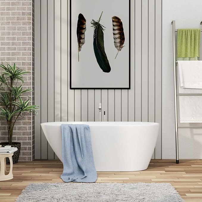 Mocoloo 59" Acrylic Freestanding Bathtub Contemporary Soaking White Bath Tub with Gold Overflow and Drain