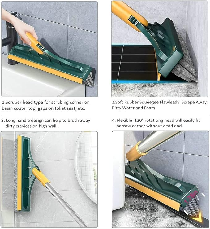 2 in 1 Cleaning Floor Scrub Brush Floor Brush Scrubber New Upgraded 53.5" Long Handle Grout Brush Scrape V-Shape Stiff Bristle Cleaning Brush with Squeegee 120°Rotating Tile Brush for Bathroom