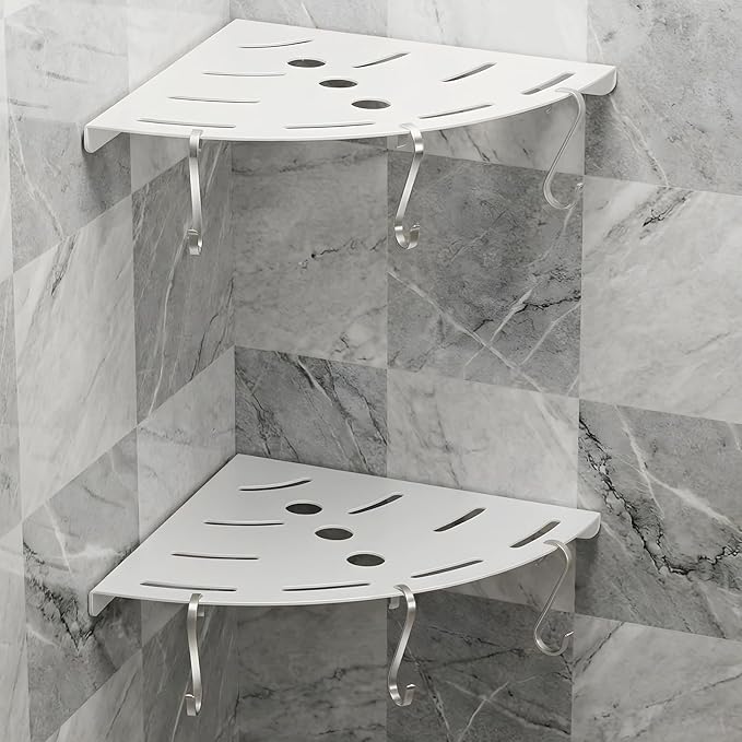XIHLZYEH Corner Shower Shelves, 2 Pack 304 Stainless Steel Shower Shelf with 6 Hooks 40 lbs Heavy Duty, Durable Wall Mounted Organizer for Bathroom Drilling Installation（White