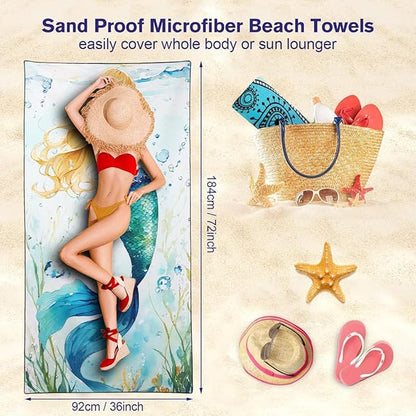Blue-Green Scallop Mermaid Tail Beach Towel 36"x72" Golden Highlights Quick Dry Microfiber Swim Gear