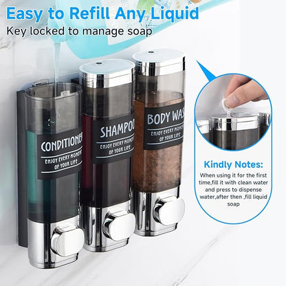 Shampoo and Conditioner Dispenser,GlintGath Shower Dispenser 3 Chamber No Drill Shampoo Dispenser for Shower Wall Mounted Shower Soap Dispenser for Bathroom Hotel,3 * 300ML,Chrome