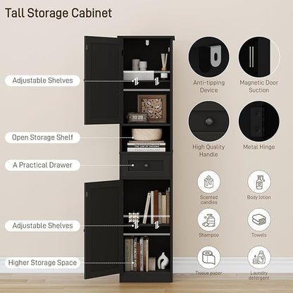 67" H Tall Bathroom Cabinet, Narrow Storage Cabinet with 2 Barn Doors and 1 Drawer, Freestanding Floor Cabinets with 5 Shelves and Open Storage Shelf for Bathroom, Living Room, Kitchen, Black