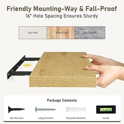 Floating Shelves Wall Shelf 40 Inch, 8 Inch Deep Floating Shelf for Wall, Farmhouse Black Wood Shelves Invisible Bracket for Living Room, Bedroom, Kitchen, 40 x 8 x 1.4 Inch, Set of 2, Oak Color