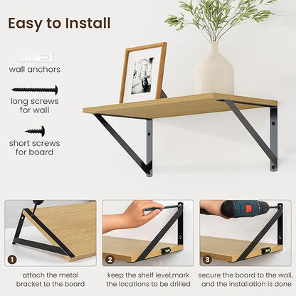 Fun Memories Deep Floating Shelves for Wall, 16W x 8D Wall Mounted Shelves Set of 2, Wide Display Ledge Shelf with Sturdy Metal Brackets for Living Room, Bathroom, Bedroom and Kitchen, Oak