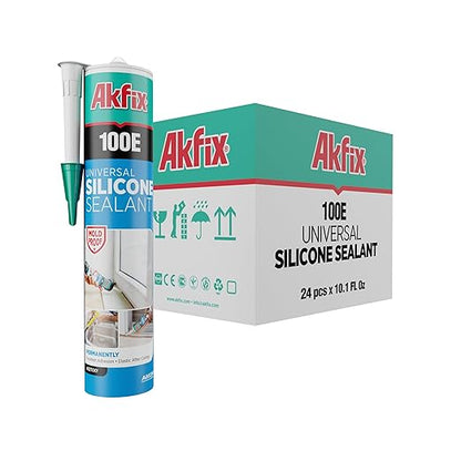 Akfix 100E RTV Silicone Caulk Clear (24x10.1 fl.oz.) - 100% Silicone Sealant Waterproof for Kitchen and Bathroom, Shower, Toilet, Sink, Window and Door, No Discoloring | Clear, 24 Pack