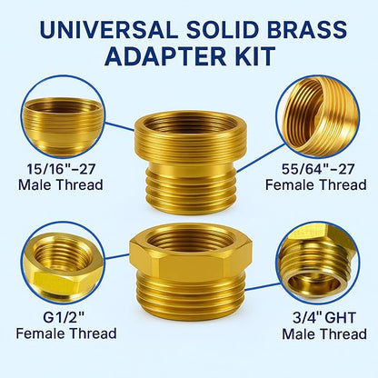 Shower Hose Adapter and Faucet Adapter Kit, Brass G1/2" Female, 55/64"-27 Female, and 15/16"-27 Male to 3/4" GHT Male Garden Hose Connector, with Washer and PTFE Tape