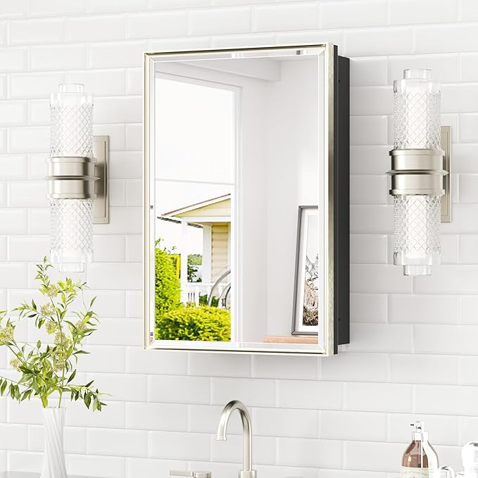 TETOTE Brushed Nickel 16" x 24" Recessed Medicine Cabinet Bathroom Mirror with Storage Medicine Cabinet with Beveled Frame Adjustable Shelves Wall-Mounted