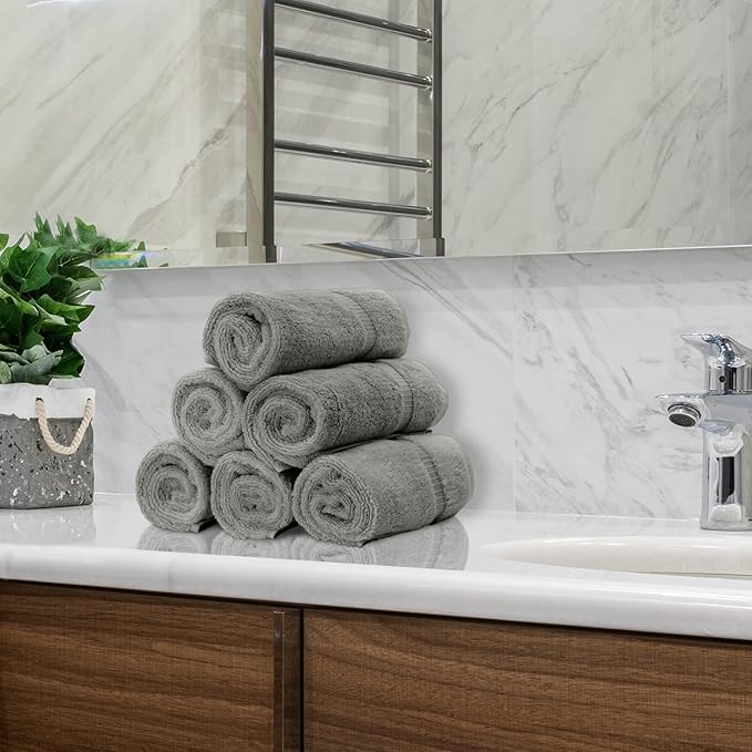 Monogrammed Hand Towel, Personalized Initial Gift, Extra Absorbent 100% Turkish Cotton - Soft Terry Finish - Set of 2 - Silver Block Initial S - Embroidered on Grey Towels