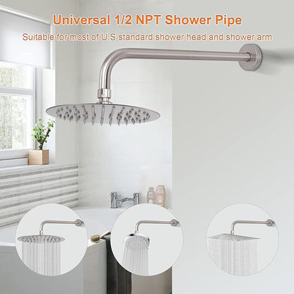 HarJue Shower Arm with Flange and Teflon Tape, Wall Mounted Shower Pipe 304 Stainless Steel Extension Arm for Fixed Shower Head & Handheld (15 Inch, Brushed Nickel)