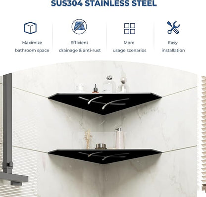FerdY 2-Pack 10" Matte Black Recessed Corner Shower Shelf, for Tiled Bathroom Walls, Floating Shower Shelf, 304 Stainless Steel Shower Caddy Storage Shelves, No Drilling Required, Irregular Diamond