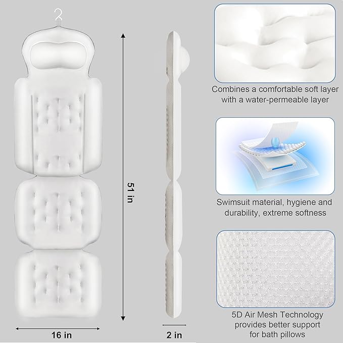 Luxury Full Body Bath Pillow for Bathtub, Bath Pillows for Tub with Mesh Laundry Bag, Cushion for Bathtub Headrest Neck Back Support - 5D Air Mesh & Quick Drying | White 51" x 16"