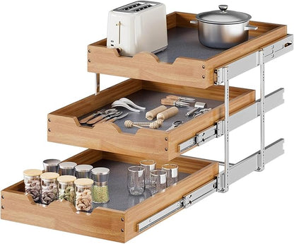 OCG Pull Out Cabinet Drawer 17" W x 21" D, 3 Tier Pull Out Cabinet Organizer, Heavy-Duty Slide Out Drawer for Cabinets, Organization for Kitchen, Pantry, Bathroom