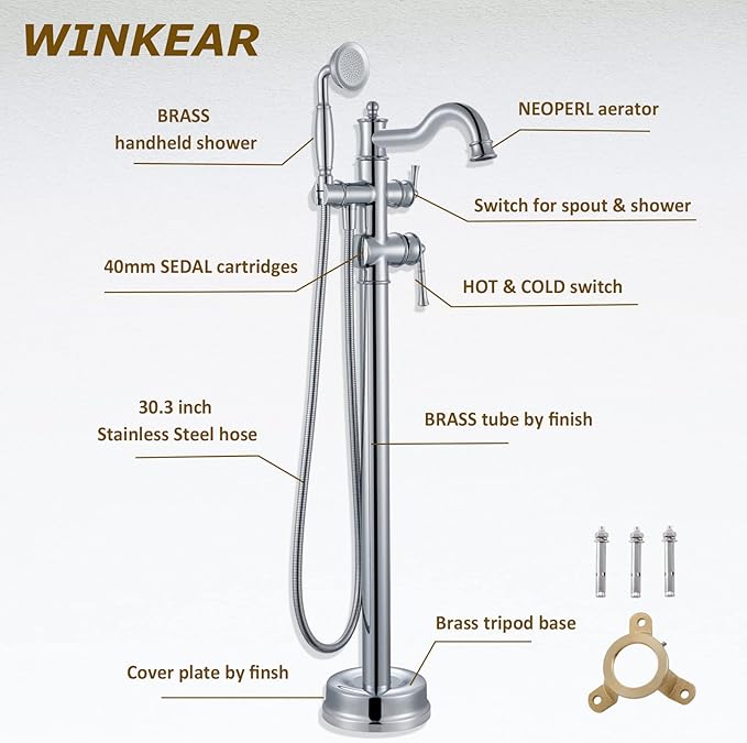 Freestanding Floor Mount Tub Filler with Handheld Shower Roman Bathtub Faucet by Chrome Finish, Swivel Spout with Brass Rough-in and Water Hose
