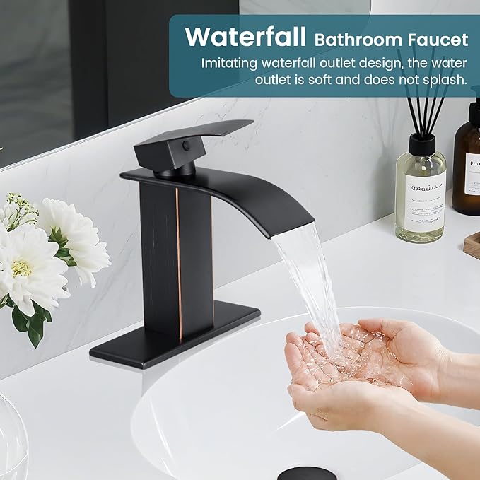 Bathroom Faucets Oil Rubbed Bronze Waterfall Bathroom Sink Faucet Modern Single Handle Bathroom Faucet for 1 or 3 Hole Mxier Tap Washbasin Faucet with Deck, Pop-up Drain and Supply Hoses
