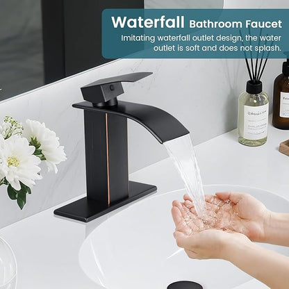 Bathroom Faucets Oil Rubbed Bronze Waterfall Bathroom Sink Faucet Modern Single Handle Bathroom Faucet for 1 or 3 Hole Mxier Tap Washbasin Faucet with Deck, Pop-up Drain and Supply Hoses