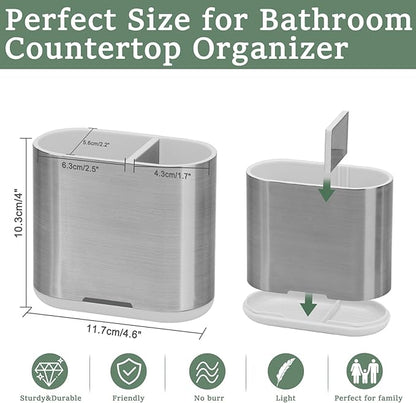 Toothbrush and Toothpaste Holder with Divider for Bathroom Countertop Organizer, 2 Slots Electric Toothbrush Holders Storage Caddy Drainage for Family, Kids (Brushed Silver)