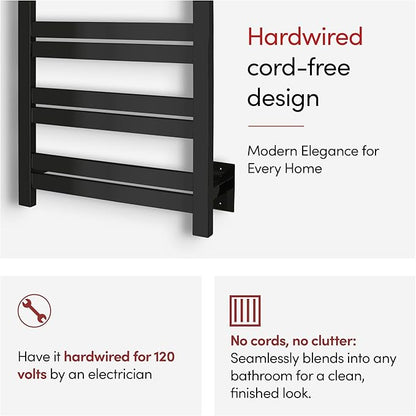 WarmlyYours Heated Towel Warmer Rack, 8-Bar, Hardwired, Integrated On/Off Switch with Light, 304-Stainless Steel (Maple)