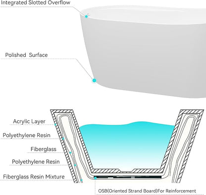 FerdY Lana'i 60" Freestanding Bathtub, Gracefully Shaped Freestanding Soaking tub, Glossy White, cUPC Certified, Polised Chrome Drain Assembly Included