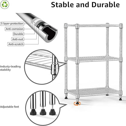 450 lbs Wire Storage Shelving 3-Tier Utility Shelving Unit Steel Organizer Wire Rack for Home,Kitchen,Office,Chrome(11.8" D x 17.7" W x 26.4" H)