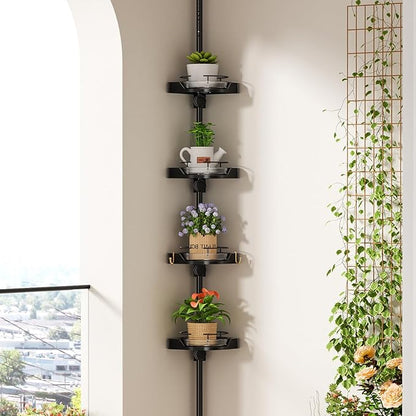 360° Rotating Corner Shower Caddy Tension Pole Organizer - 4-Tier Adjustable Rustproof Metal Pole, Plastic Shelves with Safety Guardrail, Bathroom Storage for Shower & Bathtub(Black)