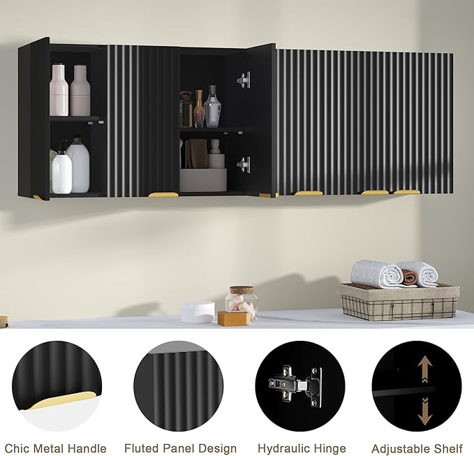ChooChoo 3 Doors Wall Cabinet Laundry Room, Bathroom Wall Cabinet with Adjustable Shelf, Fluted Wall-Mounted Medicine Cabinet, Storage Cabinet for Kitchen, Garage, Black
